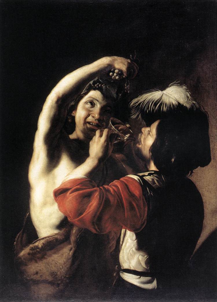 caravaggisti: Bartolomeo Manfredi, Bacchus, and a Drinker, 1600-1610, National Gallery of Ancient Art, Rome, Italy.