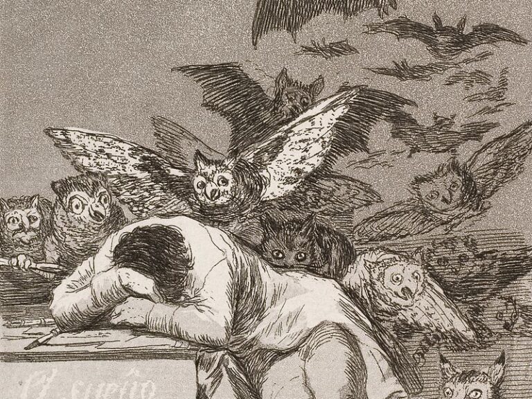 Caprichos: Francisco Goya, Capricho No. 43: El sueño de la razón produce monstruos (The Sleep of Reason Produces Monsters), 1799, Museo del Prado, Madrid, Spain. Detail.
