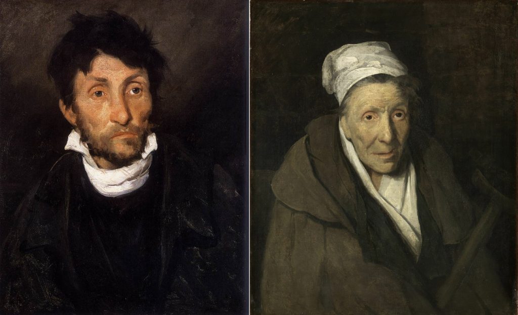 Romanticism: Left: Théodore Géricault, Portrait of a Kleptomaniac, c. 1820, Museum of Fine Arts, Ghent, Belgium. Right: Théodore Géricault, A Woman Addicted to Gambling, 1822, Louvre, Paris, France.