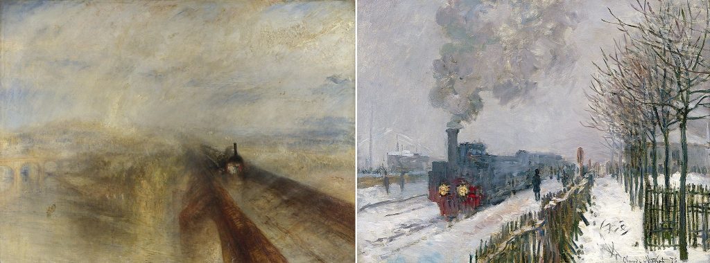Romanticism: Left: J. M. W. Turner, Rain, Steam and Speed – The Great Western Railway, 1844, National Gallery, London, UK. Right: Claude Monet, The Train in the Snow, 1875, Musée Marmottan, Paris, France.